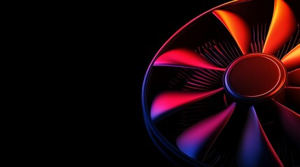 Close-up of a futuristic fan with vibrant red and blue lighting against a dark background.