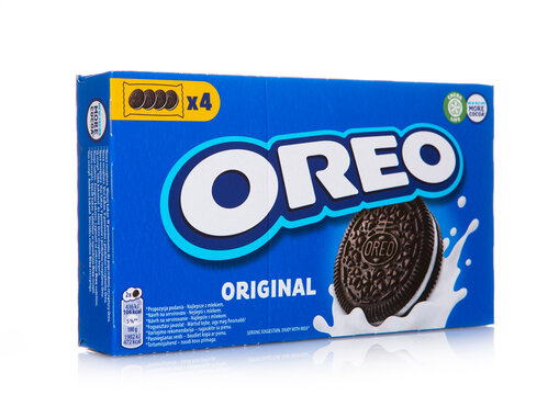 LONDON, UK - DECEMBER 05, 2024: Oreo Original black cookie with cream on white background.Enjoy with milk.