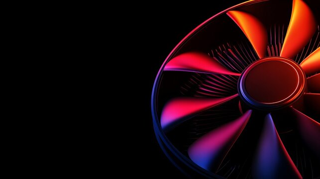 Close-up of a futuristic fan with vibrant red and blue lighting against a dark background.