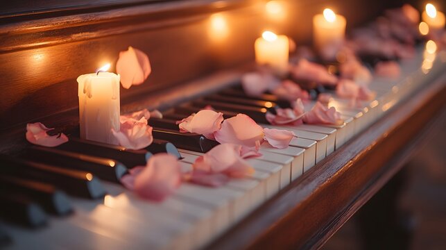 A piano with its keys covered in flower petals surrounded by soft candlelight.
