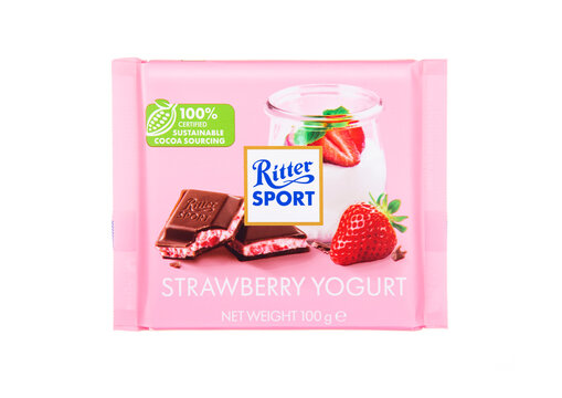 LONDON, UK - NOVEMBER 21, 2024: Ritter Sport chocolate bar with strawberry yogurt flavour on white background.Product by Germany.