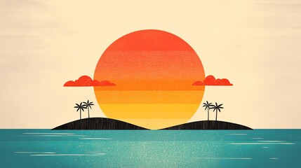 A vibrant sunset over tranquil islands, featuring palm trees and colorful skies.