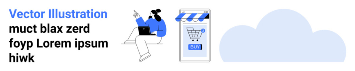 Character lounging and holding laptop, mobile app screen showing shopping cart with Buy button, blue cloud shape. Ideal for online shopping, e-commerce, mobile apps, cloud services, tech startups