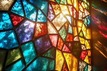 Colorful stained glass window with sunlight