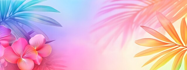 Fototapeta premium A vibrant and colorful background with tropical flowers, palm leaves, and rainbow colors for summer-themed