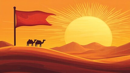 Naklejka premium Stylized desert scene at sunset with camels and a flag against a vibrant sun.