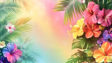 Obraz premium A vibrant and colorful background with tropical flowers, palm leaves, and rainbow colors for summer-themed