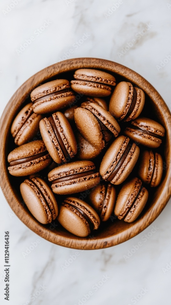 Aufkleber top view of delicious chocolate macarons arranged beautifully in a bowl. the soft pastel pink tones 