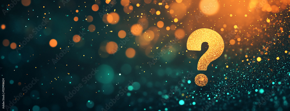 Poster Colorful question mark surrounded by shimmering gold and blue bokeh lights in a creative design setting