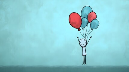 A stickman floating with a bunch of helium balloons ascending into the sky.