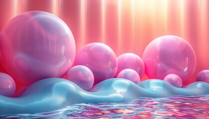 Pink and blue spheres floating in a body of water