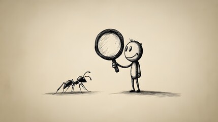 A stickman holding a giant magnifying glass inspecting a small ant.