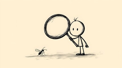 A stickman holding a giant magnifying glass inspecting a small ant.