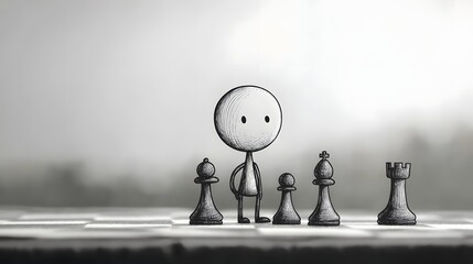 A stickman playing chess pondering their next move.
