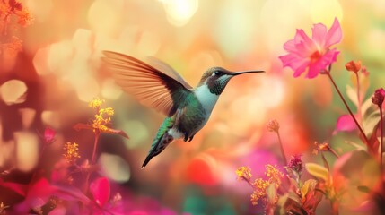 Fototapeta premium Hummingbird in flight near colorful flowers.