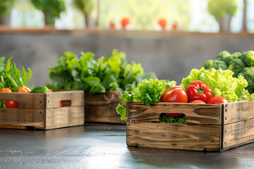 Wooden box with vegetables. Vegetarian, vegan and raw food. 
