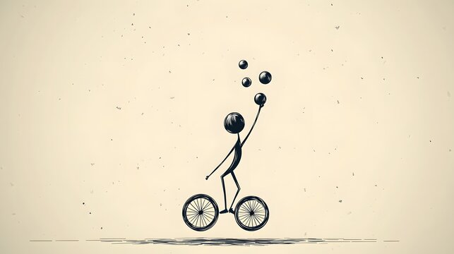 A stickman riding a unicycle while juggling three balls.