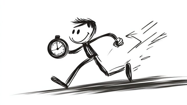 A stickman running with a stopwatch in hand looking determined.