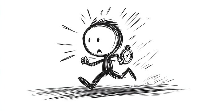 A stickman running with a stopwatch in hand looking determined.