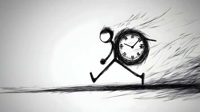 A stickman running with a stopwatch in hand looking determined.