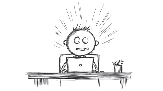 A stickman sitting at a desk with a laptop typing furiously.