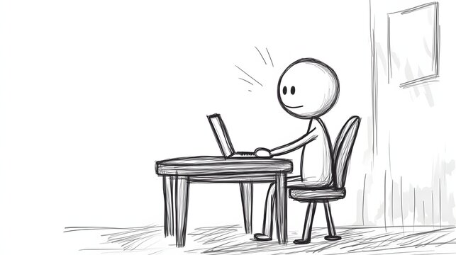 A stickman sitting at a desk with a laptop typing furiously.