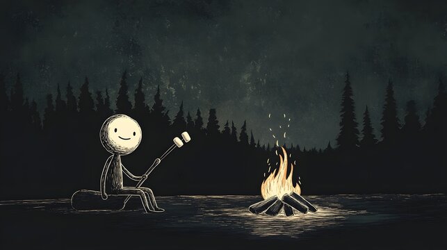 A stickman sitting by a campfire roasting marshmallows on a stick.