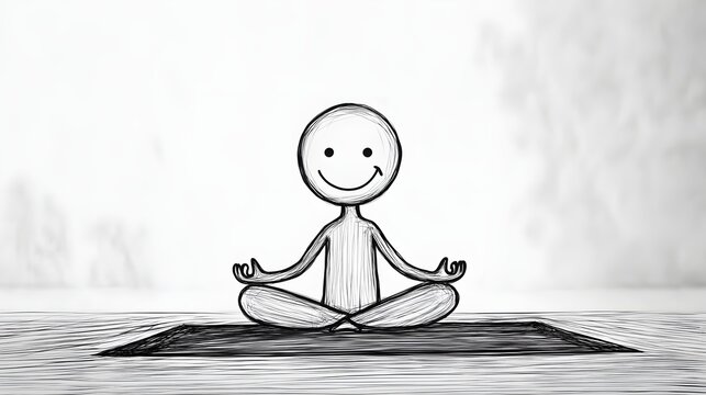 A stickman sitting cross-legged on a yoga mat meditating with a calm expression.