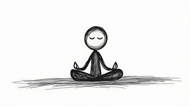 A stickman sitting cross-legged on a yoga mat meditating with a calm expression.