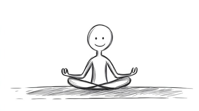 A stickman sitting cross-legged on a yoga mat meditating with a calm expression.