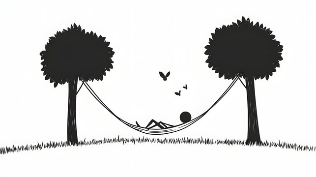 A stickman sitting in a hammock tied between two trees enjoying a nap.