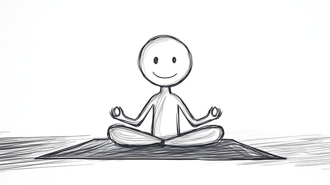 A stickman sitting cross-legged on a yoga mat meditating with a calm expression.