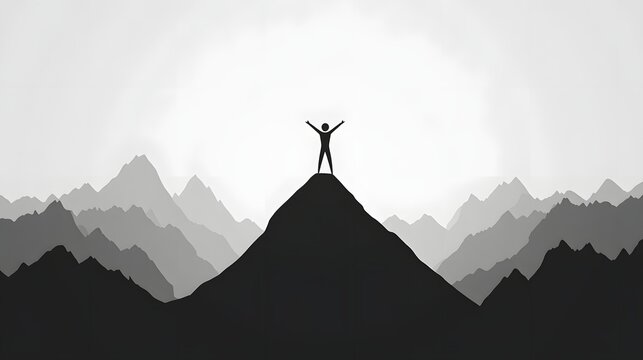 A stickman standing on a mountain peak with arms raised in victory.