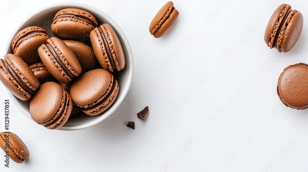 Poster chocolate macarons neatly arranged in a bowl create an inviting dessert display. the pastel backgrou