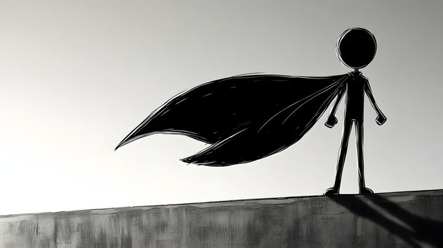 A stickman wearing a cape standing on a rooftop like a superhero.