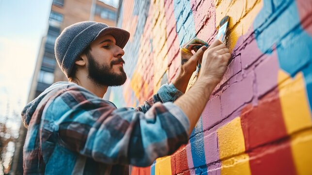 A street artist painting a colorful mural on a brick wall in a bustling city.