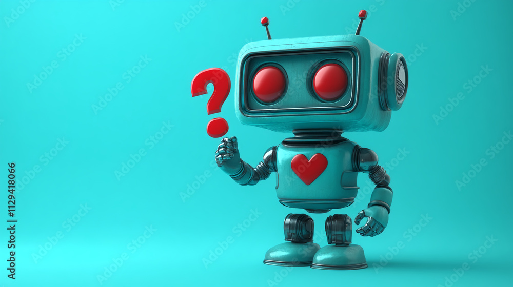Poster Cute cartoon robot holding a question mark in a bright turquoise setting while expressing curiosity and whimsy