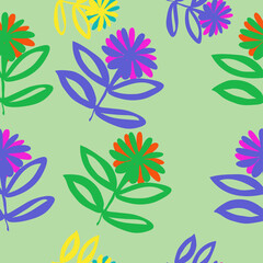 Seamless doodle  colored branches, leaves, flowers. Hand drawn.