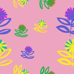 Seamless composition  colored branches, leaves, flowers. Hand drawn.