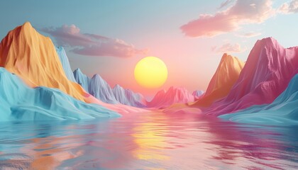 A colorful mountain range with a sun reflecting on the water