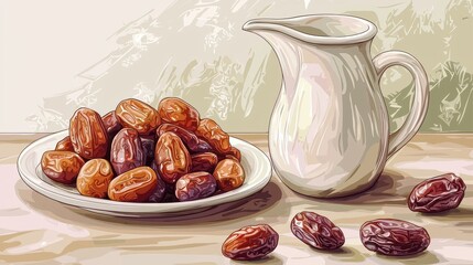 A plate of assorted dates next to a white pitcher, featuring rich textures and colors against a soft background.