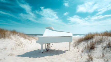 A white piano standing on a sandy beach under a blue sky.