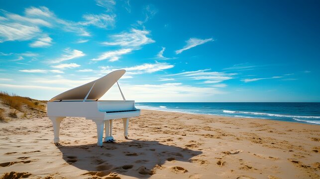 A white piano standing on a sandy beach under a blue sky.