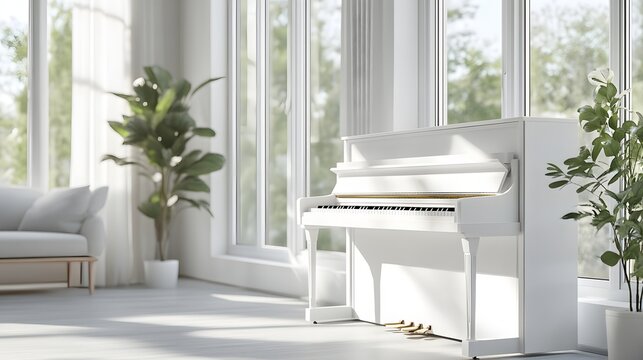 A white upright piano standing in a minimalist living room with large windows.