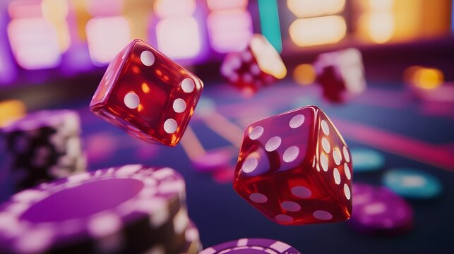 A zoomed-in shot of a craps table showing dice and betting chips mid-game.