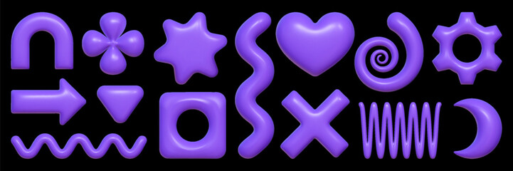 Set of playful 3D figures in purple. Inflated shapes in the shape of a star, heart, wave, arrow with a plastic texture of the Y2K aesthetic.