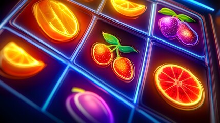 A zoomed-in view of slot machine reels showing vibrant fruit symbols in a winning combination.