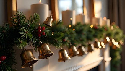 Festive Mantelpiece Adorned with Intricate Bronze Bells