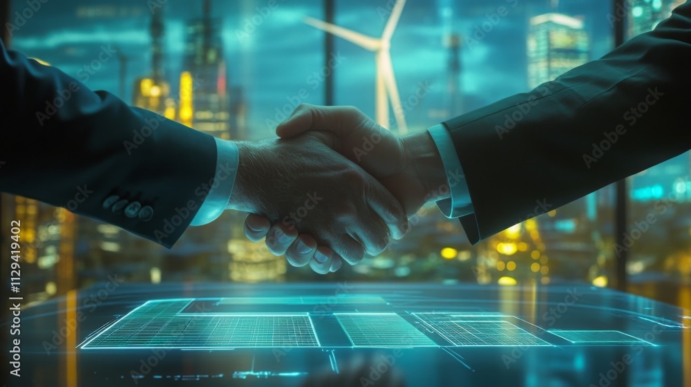 Poster Two professionals shake hands in front of a digital display highlighting renewable energy data.