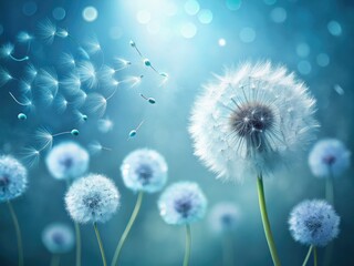 Obraz premium Elegant light blue dandelion fluff floats, minimalist aesthetic, nature's ethereal beauty captured.